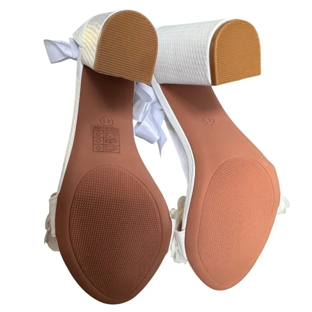 Bride Wedding‎ Block Heel Sandals With Pearl & Ribbon Details Size EU 41 NWB